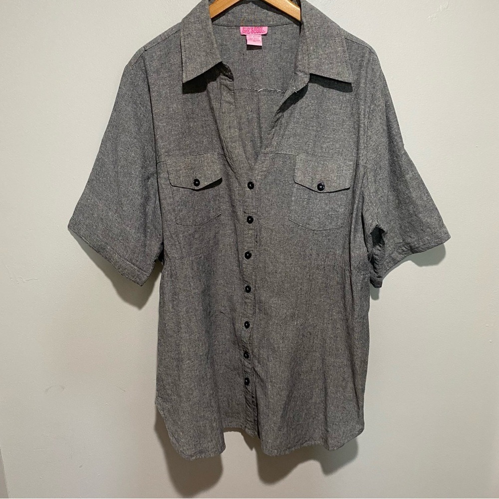 She's Cool Womens‎ 3X Grey Cotton Short Sleeve Button Down Utility Shirt Cinched